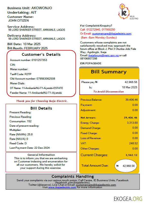 Nigeria IKEJA Electric utility bill template in Word and PDF formats